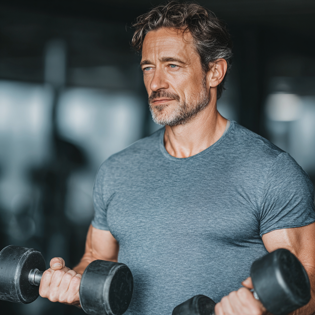 Active mature man in his 50s doing strength training with dumbbells in a modern gym, focused and determined expression, representing healthy lifestyle and fitness for middle-aged adults